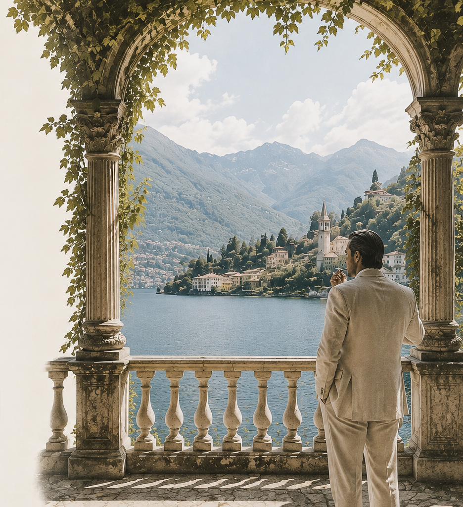 A man in a linen suit on a villa terrace above an Italian lake